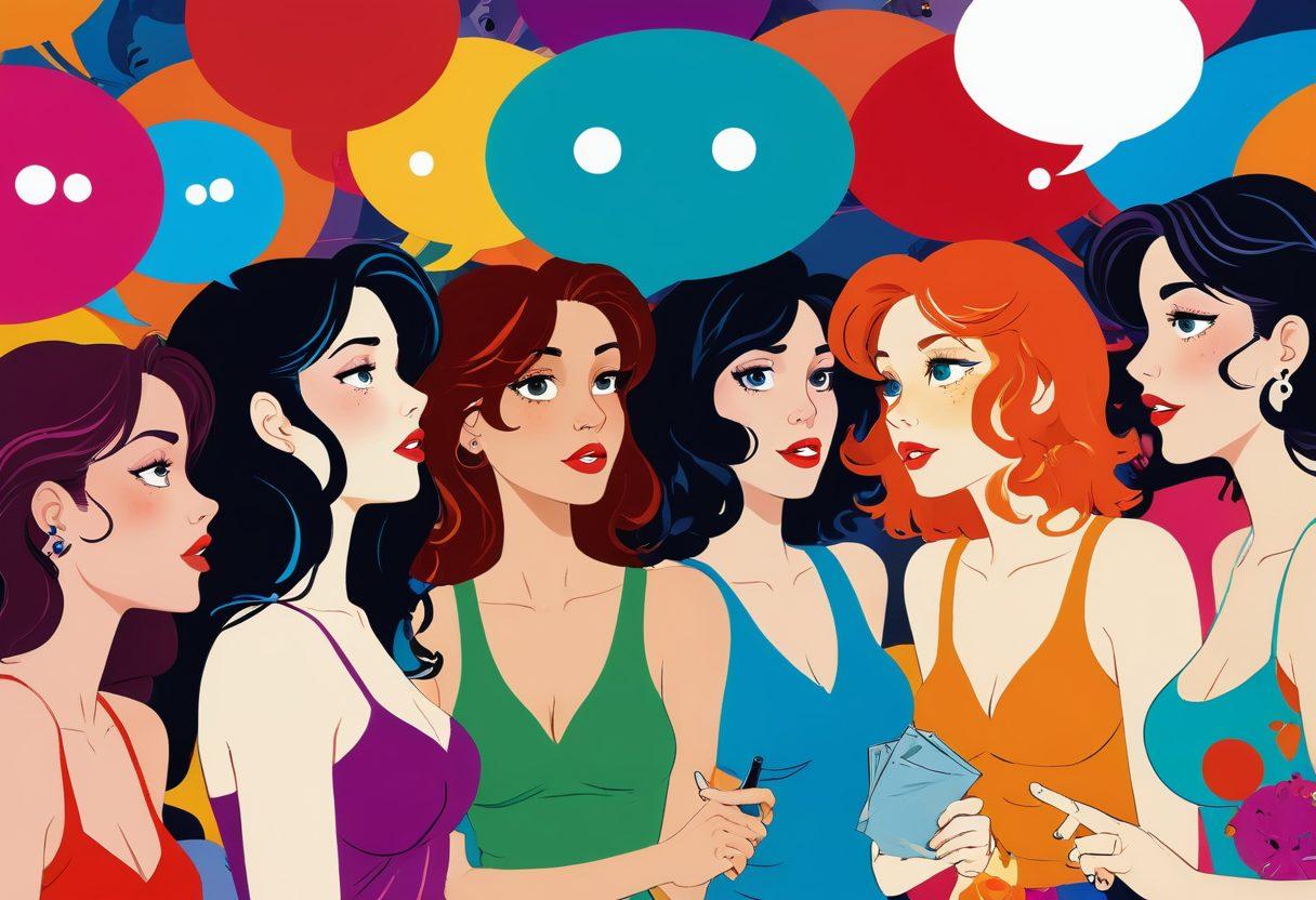 A whimsical yet provocative scene depicting diverse animated characters engaging in lively discussions about animated erotica, surrounded by vibrant colored speech bubbles showcasing various opinions. The background features an abstract design of film reels, highlighting the animation theme. Emphasize the variety of perspectives through expressive facial expressions and unique character styles. playful and vibrant. fantasy art. bold colors.