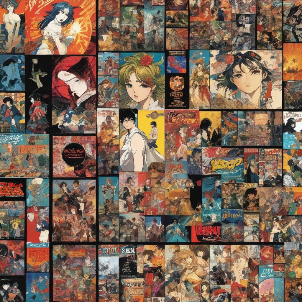 A vibrant collage depicting the transformation of adult anime content, featuring iconic graphic novel panels merging into dynamic streaming screen displays. Incorporate elements like stylized anime characters, film reels, and digital streaming icons, all interconnected through a timeline. Include a background of retro comic book patterns transitioning to modern digital aesthetics. vivid colors. super-realistic.